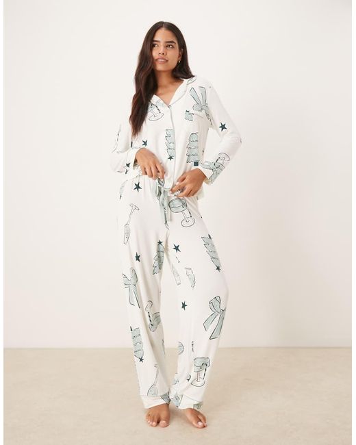 ASOS Natural Super Soft Long Sleeve Shirt & Pants Pajama Set With Contrast Piping