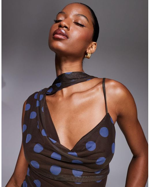 Kaiia Gray Exclusive Double Layered Slinky Mesh One Shoulder Scarf Detail Cowl Neck Top Co-Ord