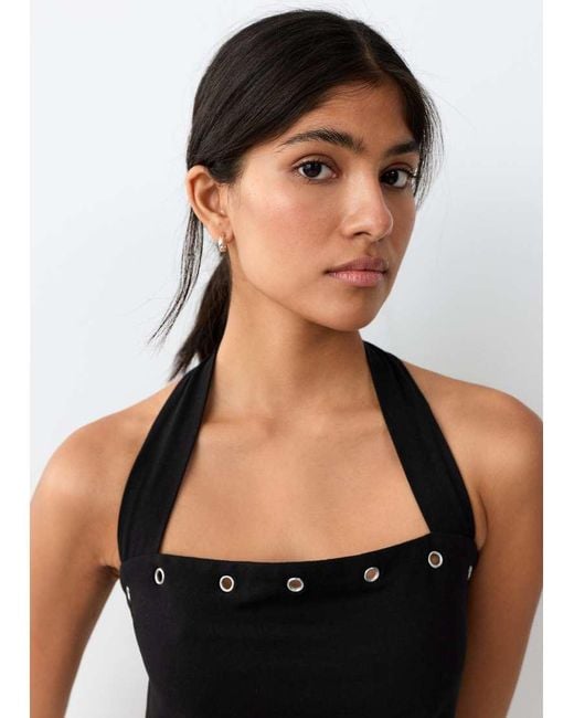 Mango Black Teen Knitted Halterneck Top With Studded Detail