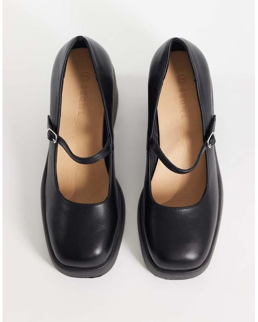 SEQWL Wide Fit Black Audi Heeled Mary Janes