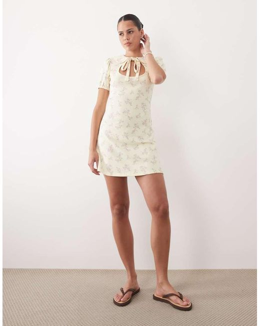 Miss Selfridge Natural Floral Printed Mini Rib Mini Dress With Peter Pan Collar