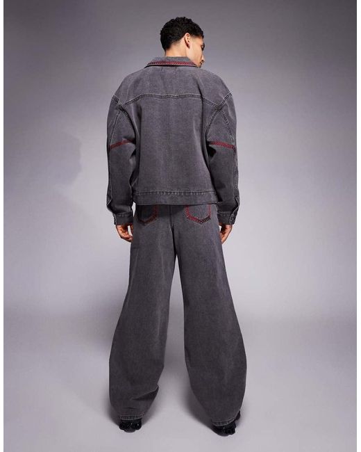 Liquor N Poker Gray Embroidery Detail baggy Baseball Jeans for men