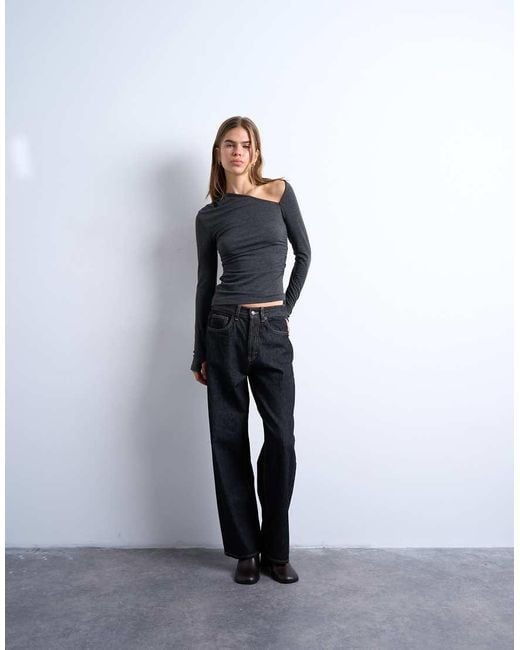 Top Fruncido De Manga Larga Con Cuello Asimétrico Y Acabado Cepillado De TOPSHOP de color Blue