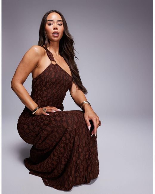 ASOS Brown Ring Detail One Shoulder With Gauging Detail Maxi Dress