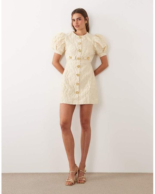 Sister Jane Natural Anemone Exclusive Jacquard Round Neck Puff Sleeve Mini Dress