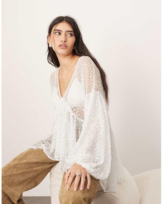 ARRANGE White Sheer Delicate Lace Volume Blouse