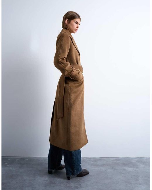 TOPSHOP Brown Belted Formal Longline Coat With Wool