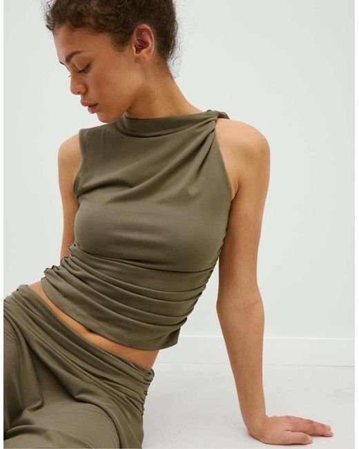 Stradivarius Green Draped Fitted Top