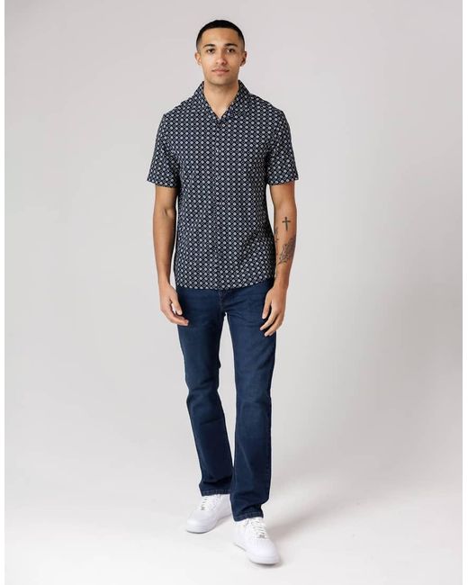 French Connection Blue Square Floral Print Short Sleeve Shirt for men