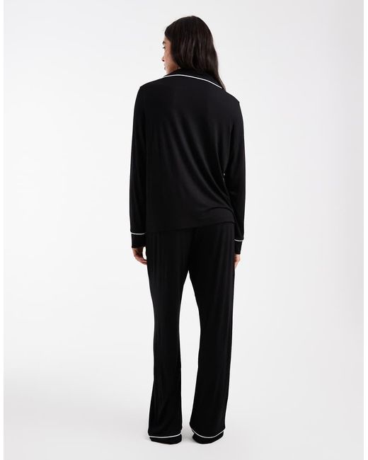 ASOS Black Super Soft Long Sleeve Shirt & Trouser Pyjama Set With Contrast Piping
