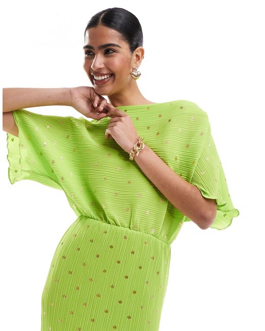 Tilly - vestito corto plissé color lime con dettagli floccati oro di Never Fully Dressed in Green