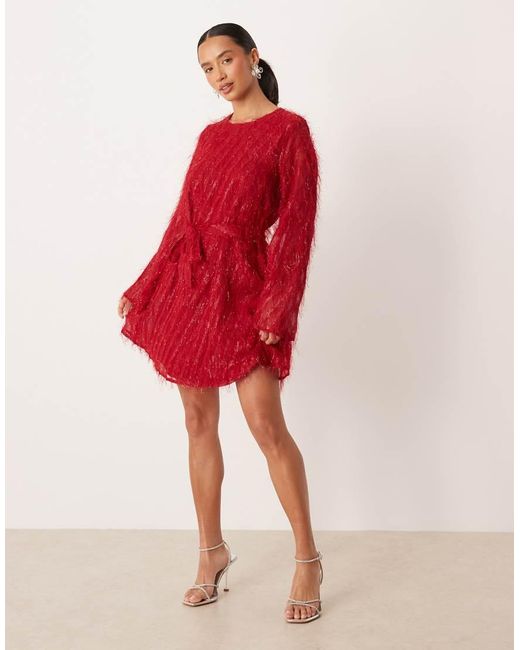 Vila Red Fluffy Textu Tie Waist Mini Dress