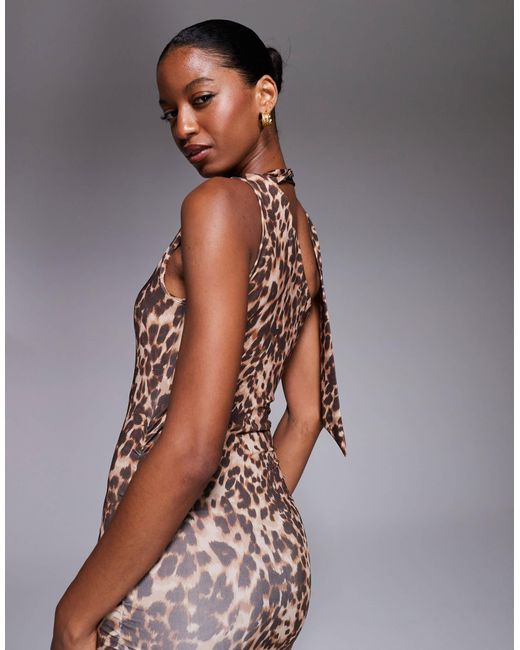 New Look Brown Leopard Print Slinky Bow Neck Midi Dress