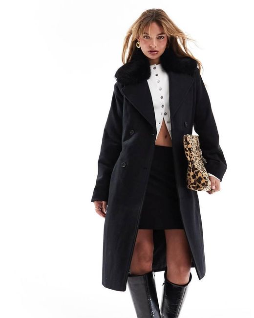 French Connection Black Faux Fur Trim Coat