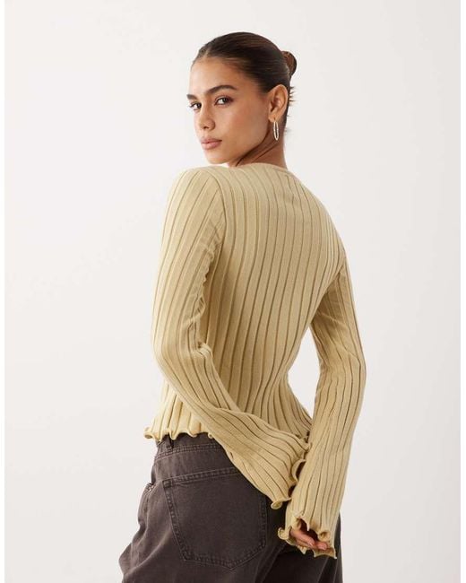 ASOS Natural Wide Rib Knit Frill Cuff And Hem Cardigan