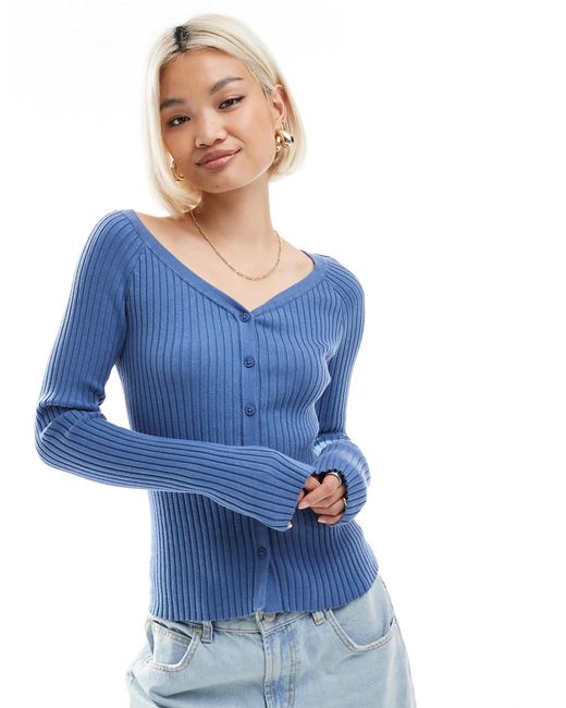 ASOS Blue Knit V Neck Button Up Top