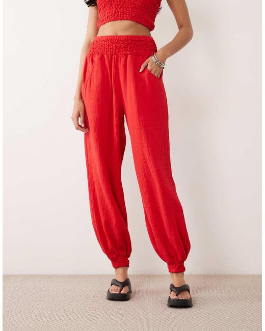 ASOS Red Cheesecloth Shir Waist Balloon Trouser