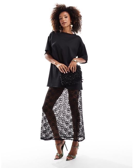 ASOS Black – 2-in-1–t-shirt und midi-trägerkleid aus spitze