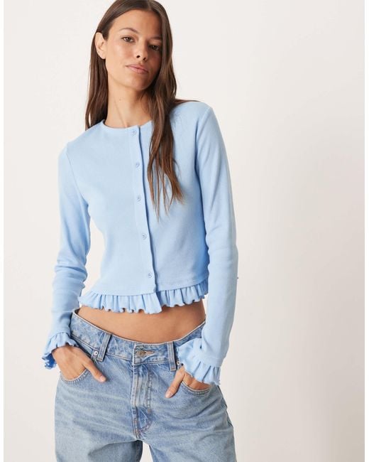ASOS Blue Mini Rib Frill Hem Button Through Top