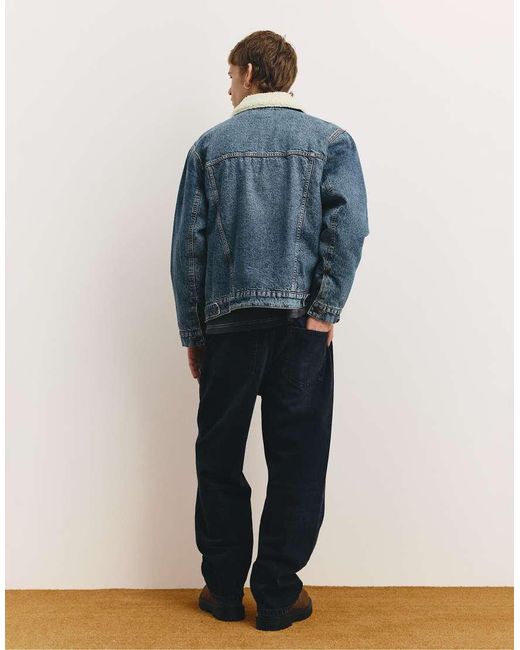 Pull&Bear Blue Denim Jacket With Faux Shearling Collar for men
