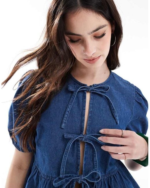 New Look Blue Denim Tie Front Top