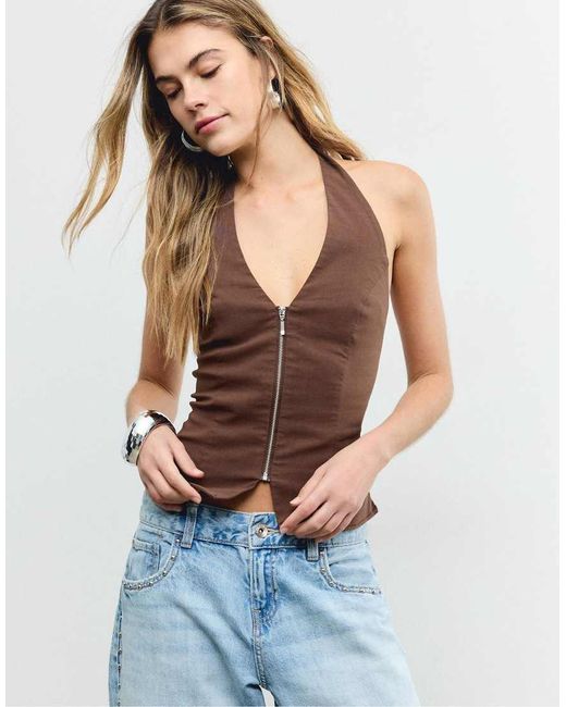 Stradivarius Blue Bengaline Halter Top