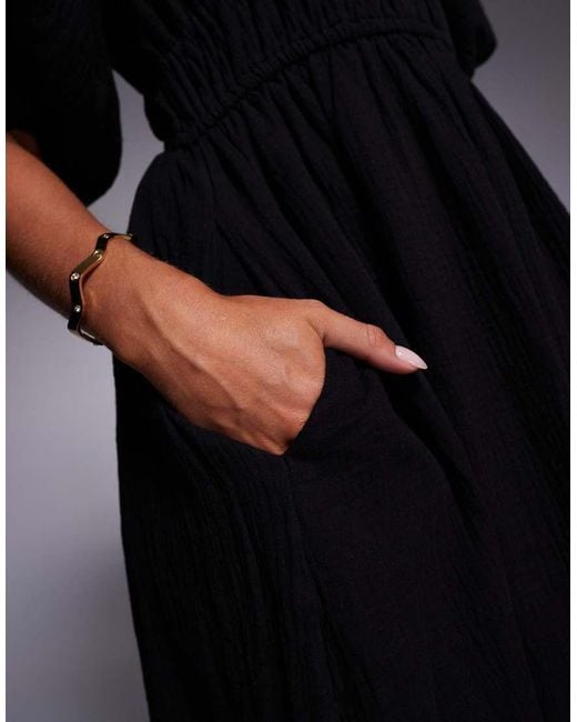 Vestido Midi Con Mangas Abullonadas De Tejido Efecto Lino De River Island de color Black