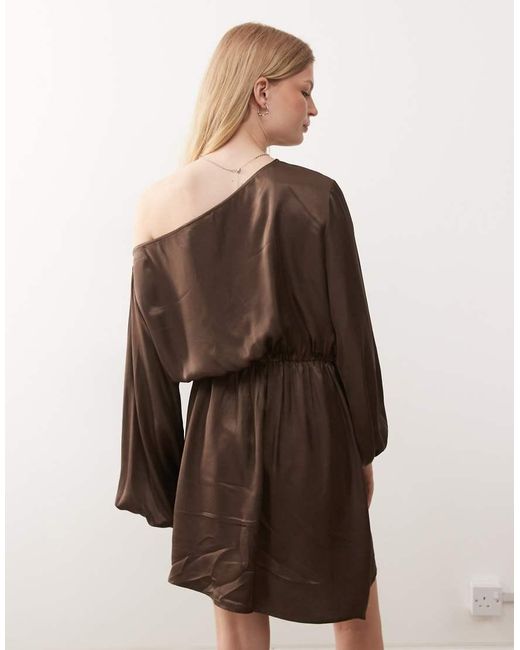 Reclaimed Vintage Natural Off The Shoulder Balloon Sleeve Satin Asymmetric Dress