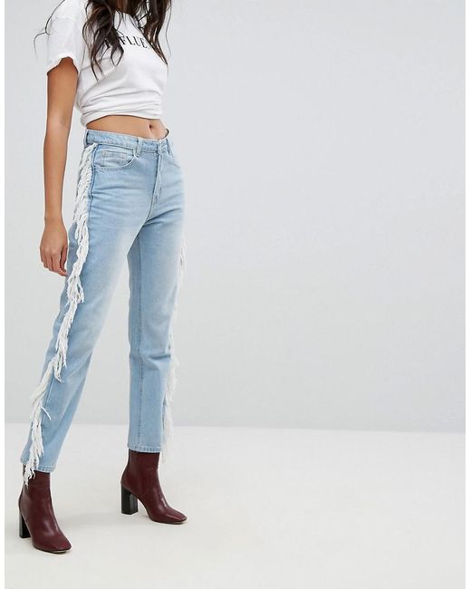 PRETTYLITTLETHING Blue Fray Side Jeans
