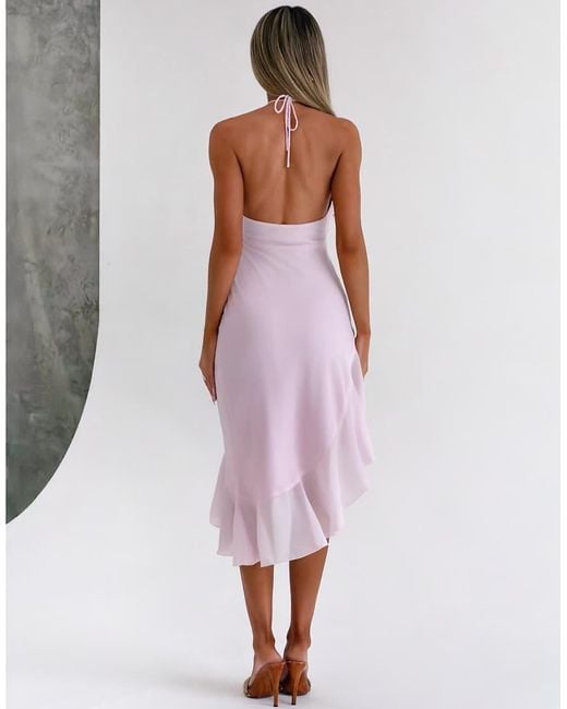 Tiger Mist Pink Elarina 2.0 Chiffon Halterneck Asymmetric Ruffle Hem Midi Dress
