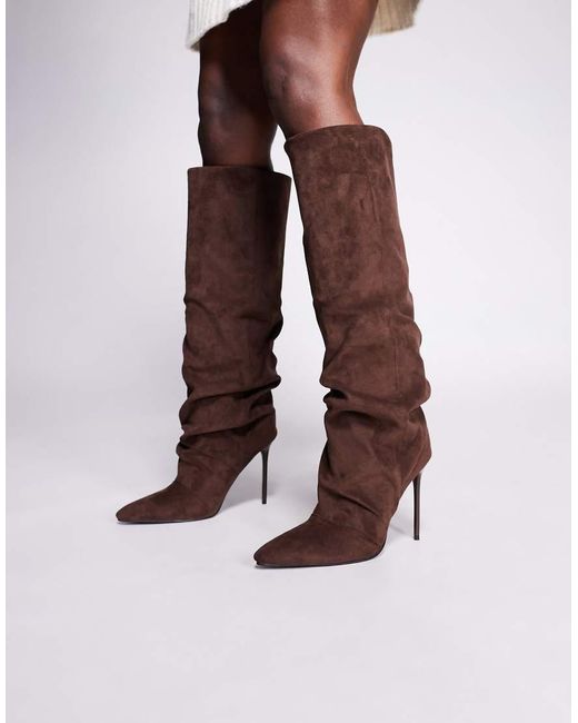 SIMMI Purple Simmi London Cotton Stiletto Heel Ruched Knee Boots