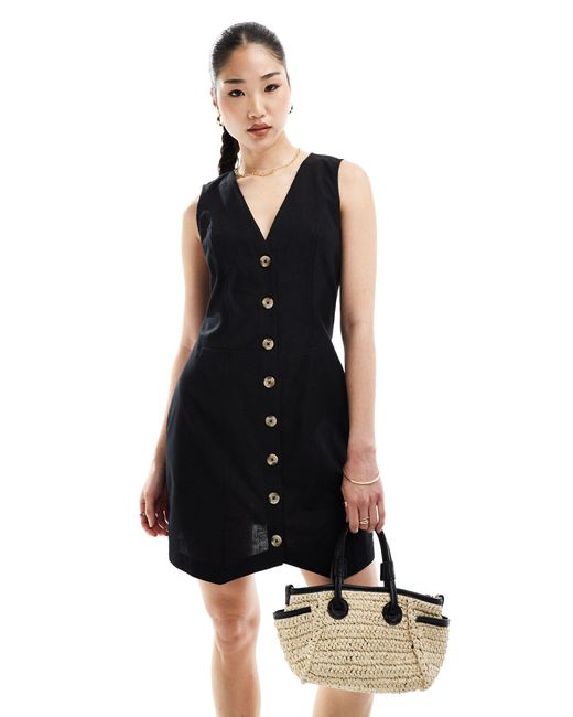 ASOS Black Mini Button Through Linen Waistcoat Dress