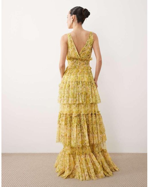 LACE & BEADS Metallic Luna Tiered Tulle Maxi Dress