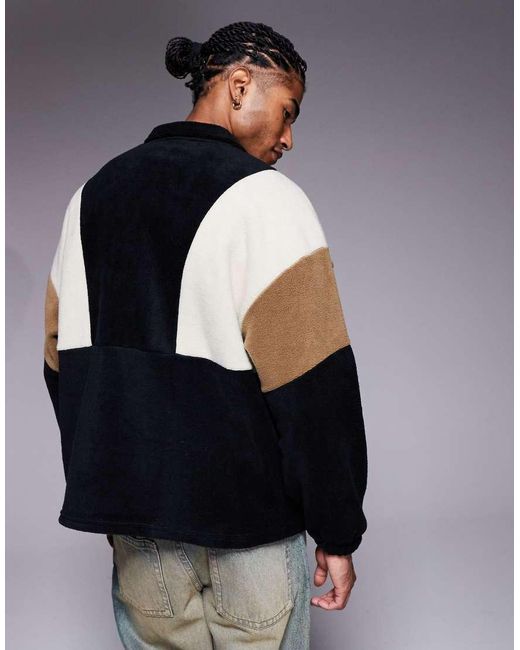 ASOS Blue Relaxed Quarter Zip Funnel Neck Fleece Sweatshirt With Colour Block for men