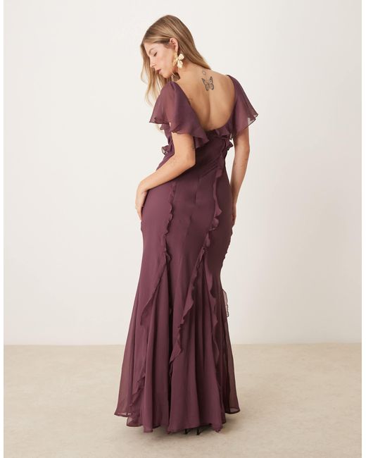 ASOS Purple Flutter Sleeve Ruffle Godet Maxi Dress