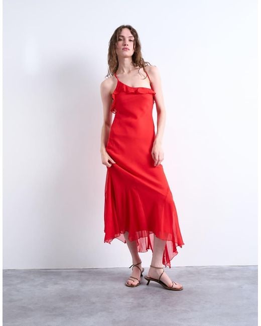 TOPSHOP Red Godet Hem Occasion Midi Dress