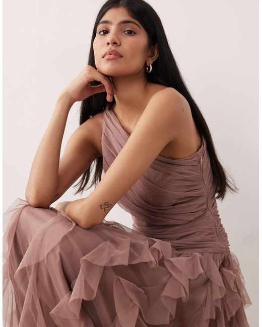 LACE & BEADS Brown Bridesmaid Tulle One Shoulder Waterfall Ruffle Maxi Dress