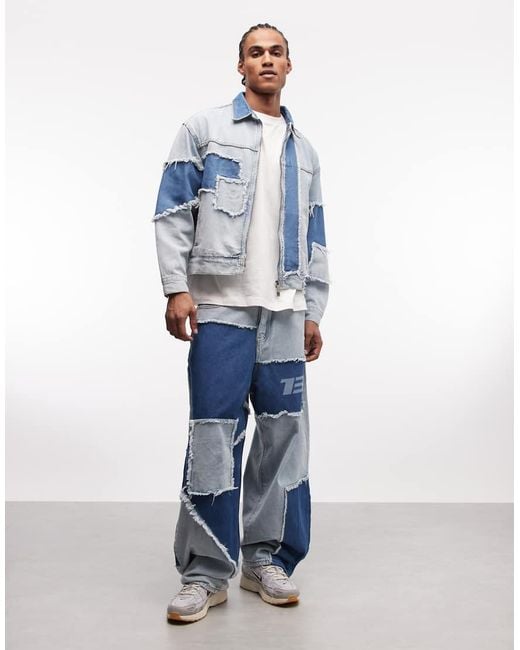 Liquor N Poker Blue Baggy Distressed Cut N Sew Jeans Co-Ord for men
