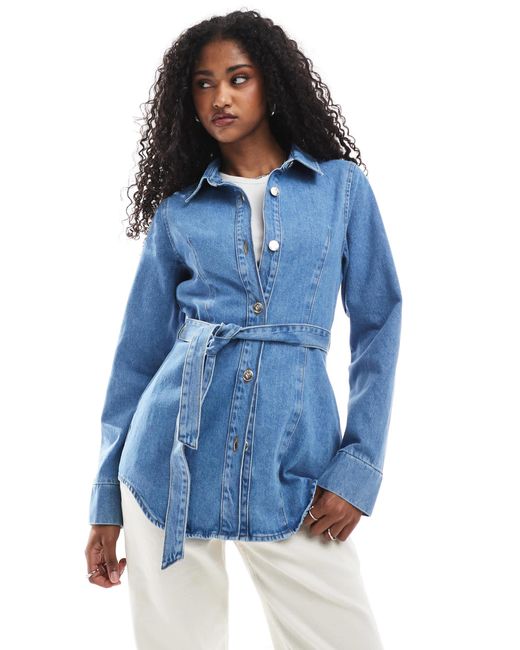 Miss Selfridge Blue Cinched Waist Belted Denim Jacket