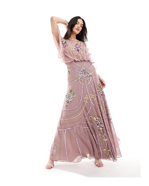 ASOS Pink Embellished Batwing Maxi Dress With Floral Artwork