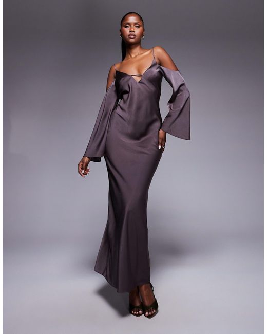ASOS Purple – langärmliges camisole-maxikleid aus satin mit abfallenden schultern