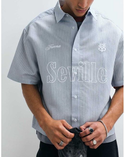 ASOS Blue Boxy Oversized Stripe Shirt With Front Print for men
