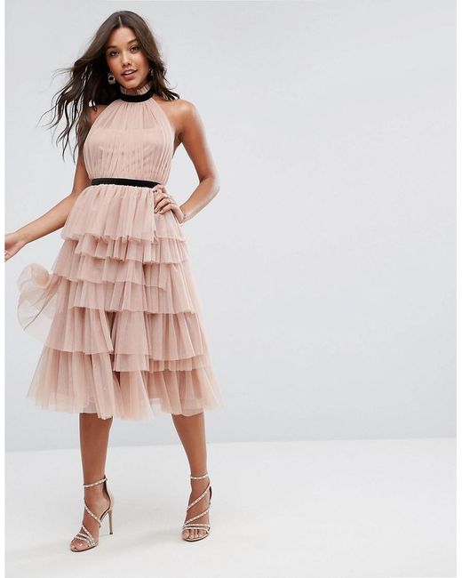 ASOS Pink Premium High Neck Tiered Tulle Midi Prom Dress