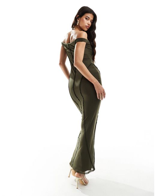 ASOS Green Bardot Maxi Dress With Contrast Exposed Seams