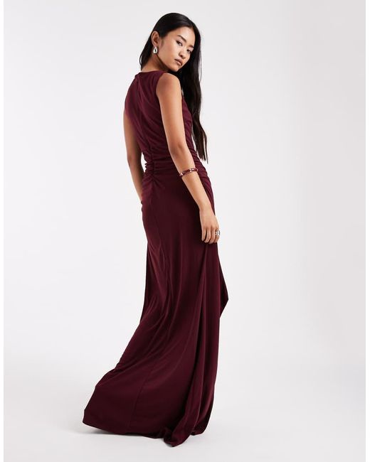Six Stories Red Bridesmaids Stretch High Neck Sleeveless Maxi Dress With Ruched Front