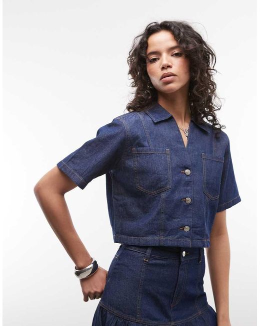 Reclaimed Vintage Blue Denim Cropped Short Sleeve Shirt Co-Ord