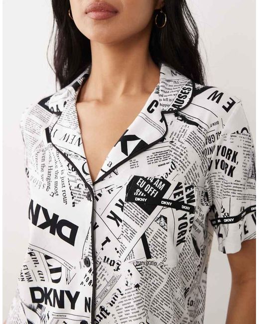 DKNY White Short Sleeve Notch Collar And Boxer Shorts Pyjama Set