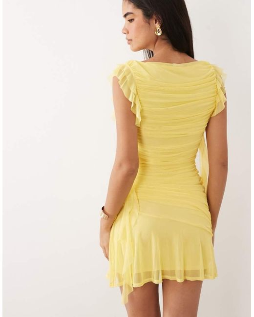 ASOS Yellow Mesh Cascading Frill Mini Dress With Ruching