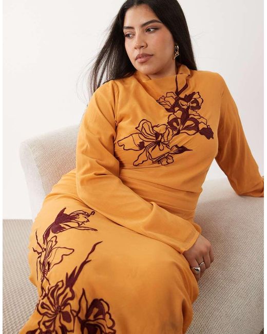 ASOS Orange Asos Design Curve Textured Embroidered Maxi Dress
