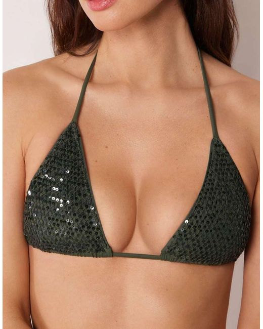 Calzedonia Green Triangle Bikini Top Sequin Net